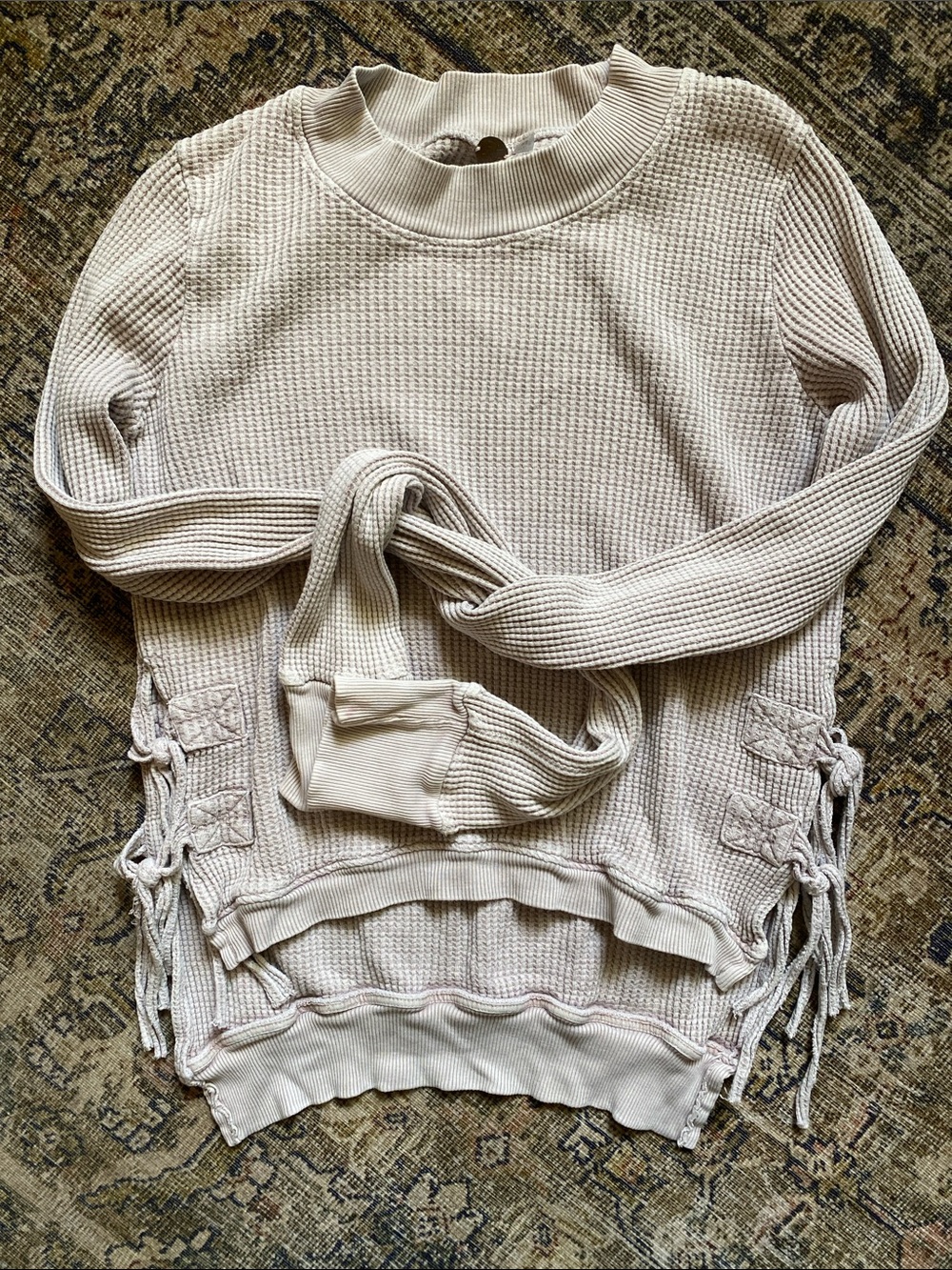 Free People Cream Waffle-Knit Fringe Tie Long Sleeve Top